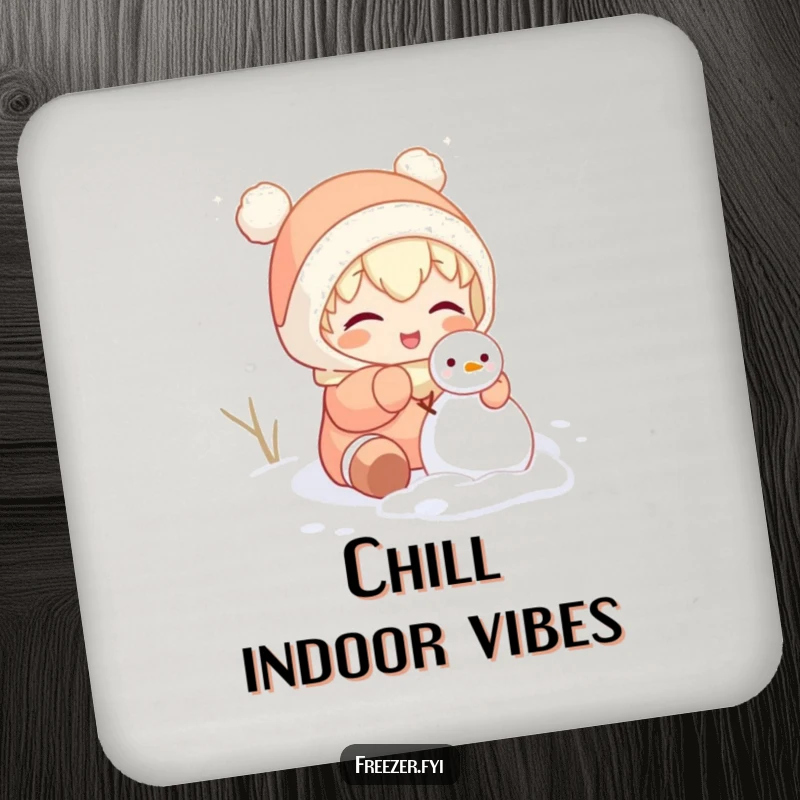 Funny coaster depicting a character gleefully attempting to build a tiny snowman inside, serving as humorous and protective drinkware.