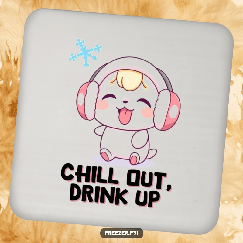 Funny drink coaster with a cute character in earmuffs, playfully sticking its tongue out at a swirling snowflake, adding humor to drink service.