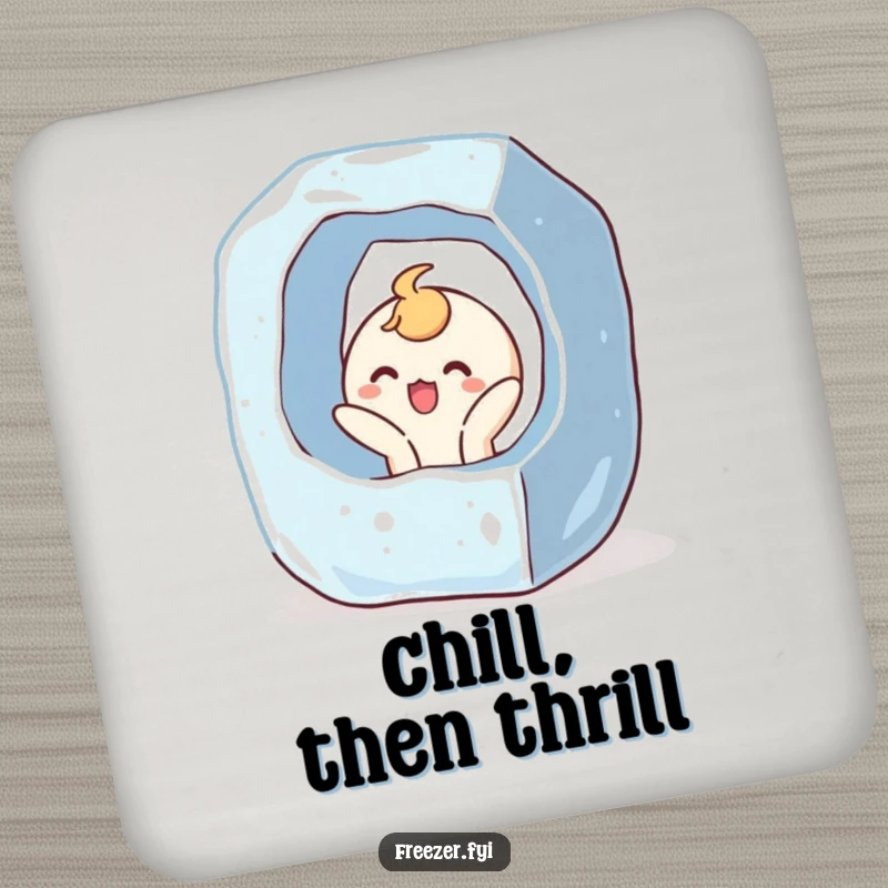 Funny drink coaster with a character bursting out of a giant ice cube with a surprised, joyful expression, adding humor to drinks.