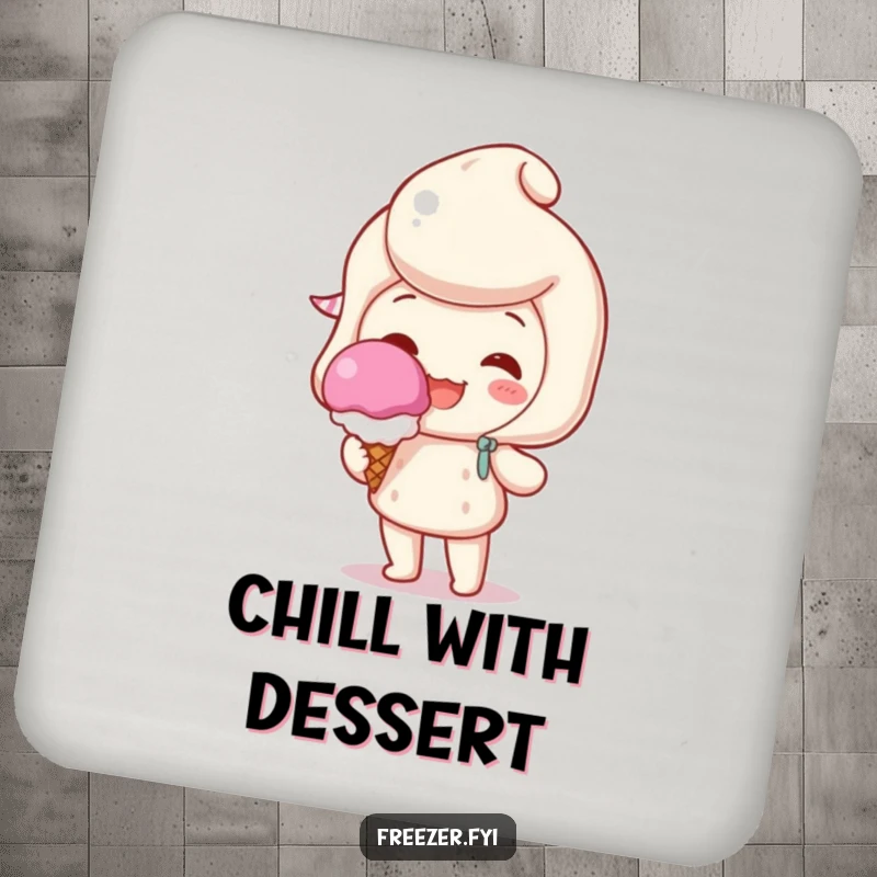 Funny drink coaster set featuring a beaming character holding a single, perfect scoop of ice cream, adding humorous sweet flair.