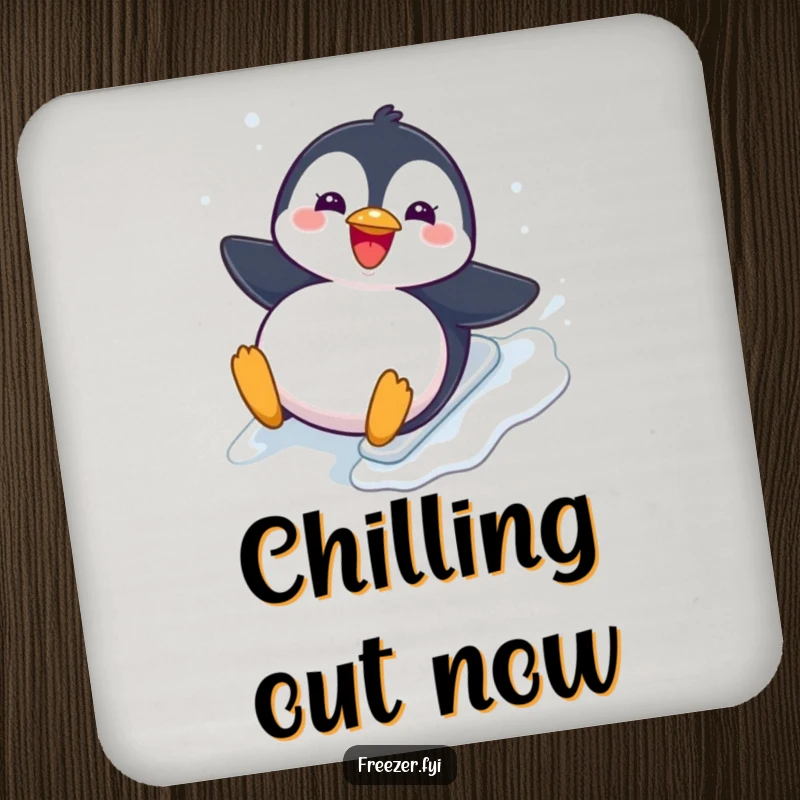 Funny Coaster: A small coaster featuring a chubby penguin joyfully sliding down an icy slope, perfect for adding winter humor to drinks.