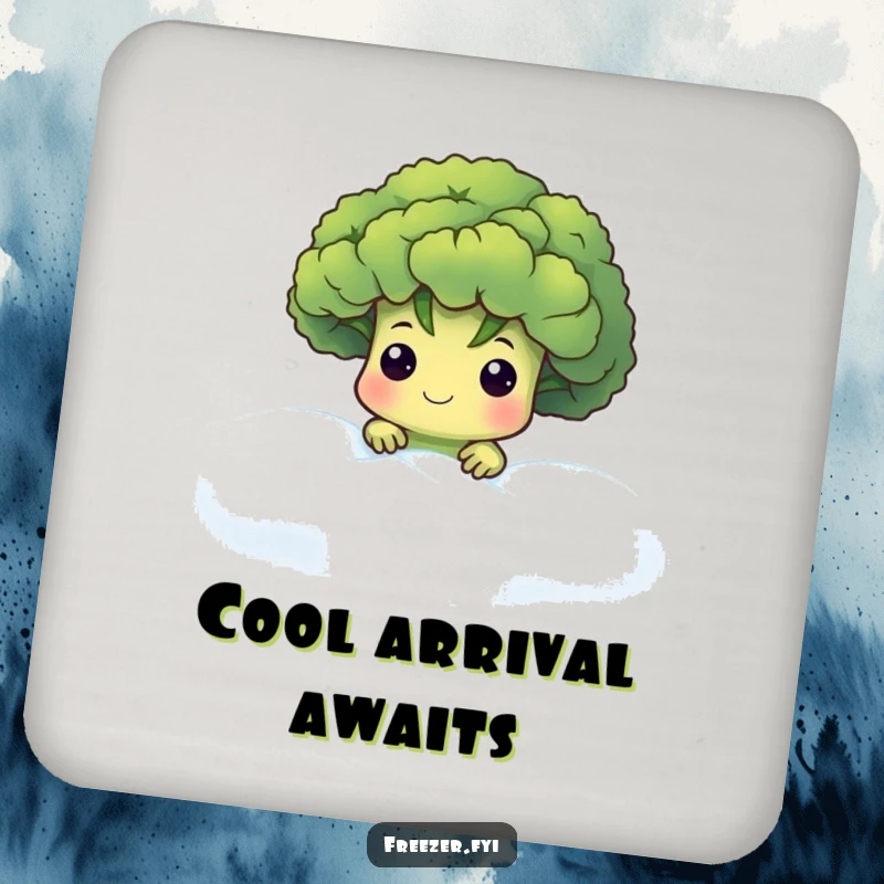 Funny drink coaster featuring a cute broccoli floret character peeking from frosty fog, adding a humorous and protective element.
