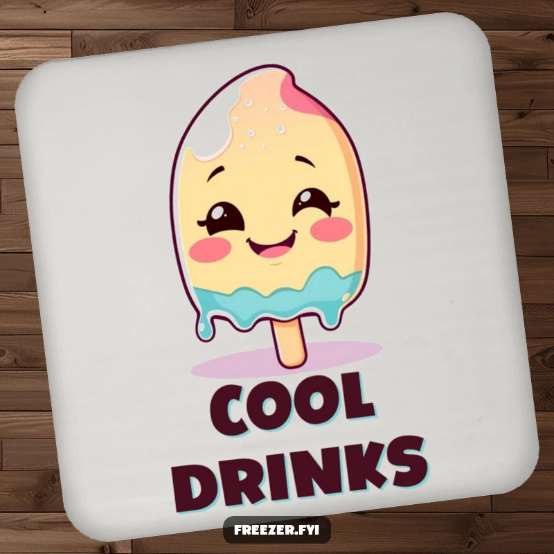 Funny smiling popsicle character melting with glee on a set of drink coasters, perfect for parties.