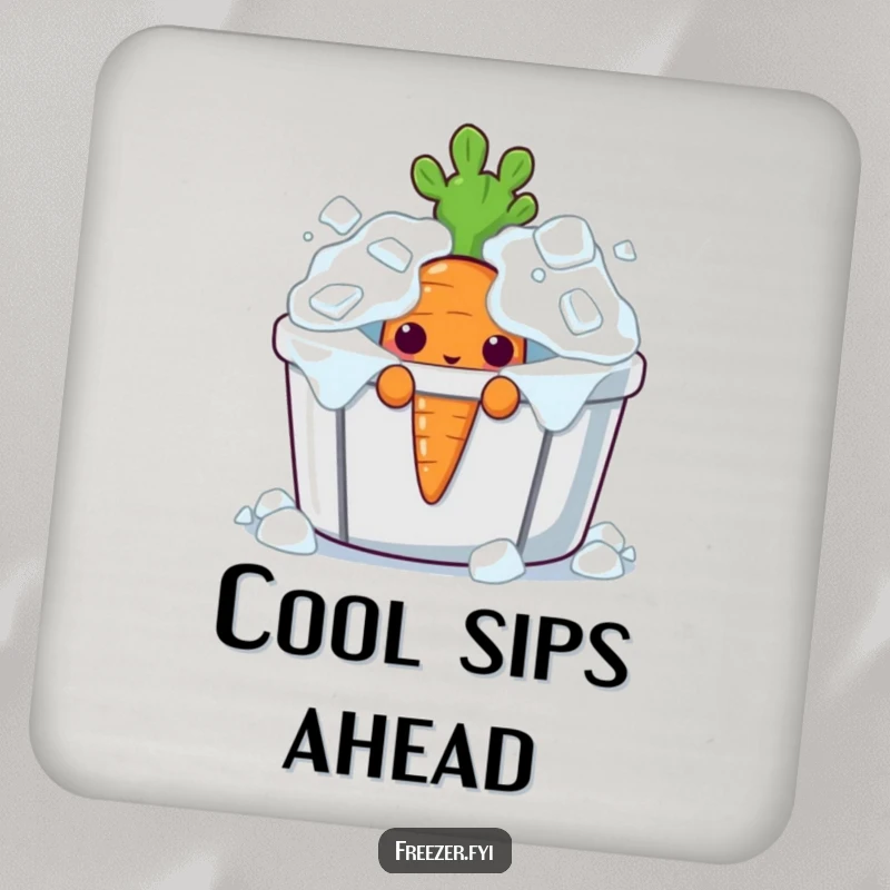 Funny curious carrot character peeking from an overflowing ice bin on a set of drink coasters.