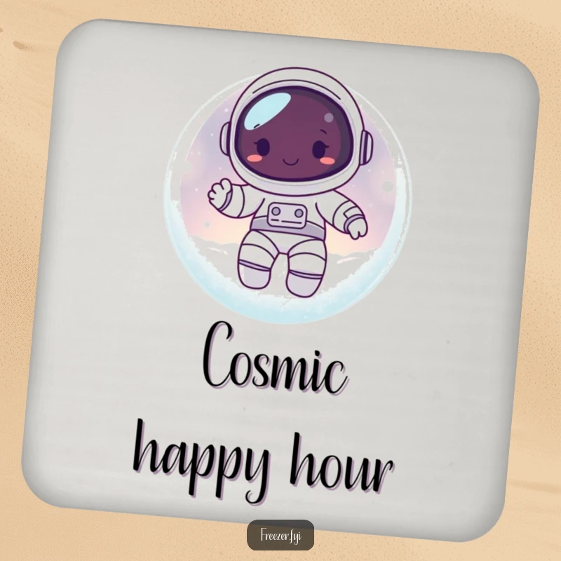 Funny drink coaster featuring a happy astronaut character floating inside a frosty, glowing orb, offering protection with cosmic flair.