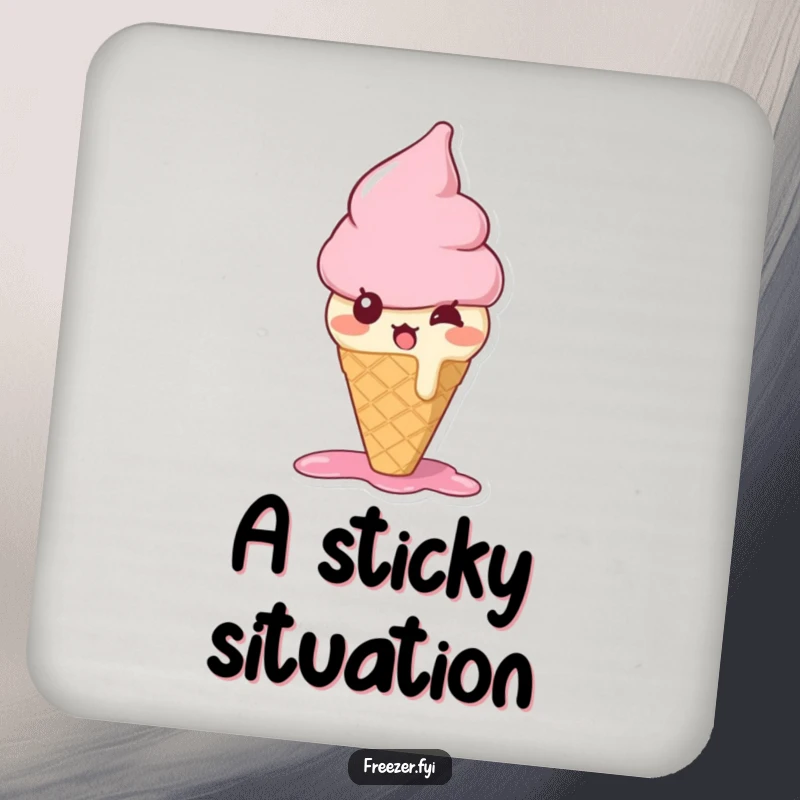 Funny ice cream cone coasters featuring a bewildered character melting slightly with surprise, protecting surfaces with sweet charm.