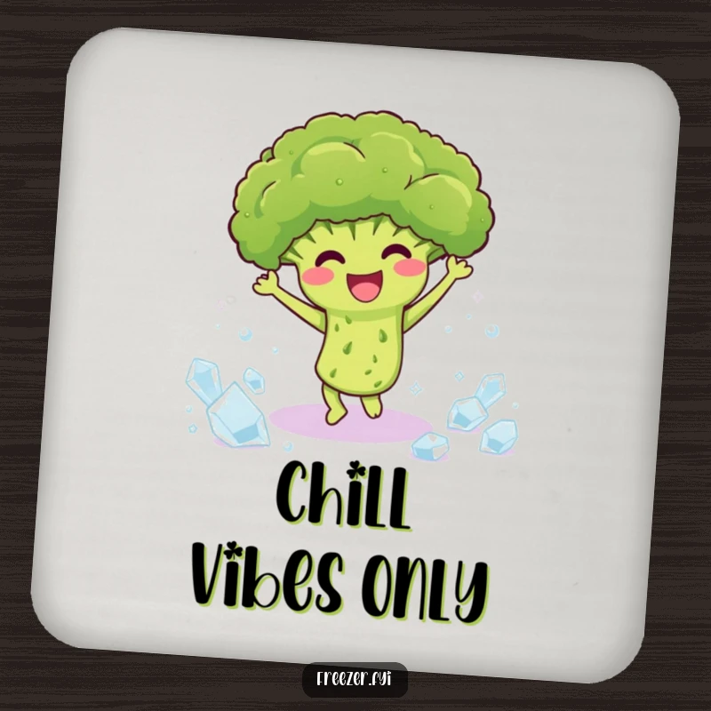 Funny drink coasters with a happy broccoli dancing among ice crystals, adding humor and surface protection.