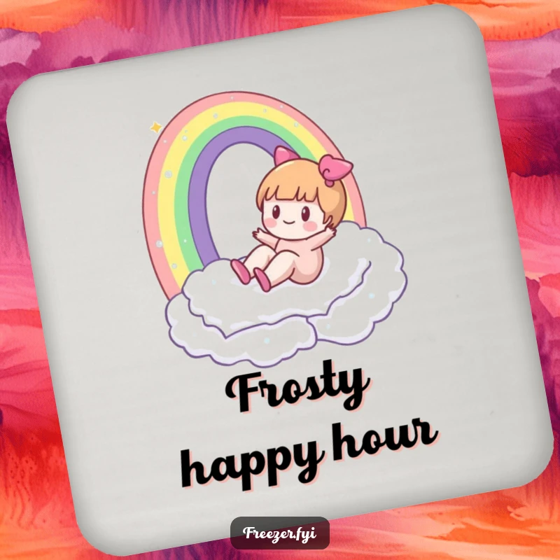 Funny drink coaster set featuring a character happily sliding down a rainbow made of frost, adding humorous winter flair.