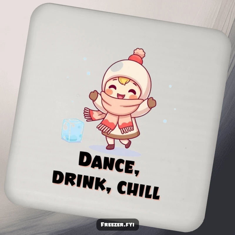 Funny drink coaster with a character in a scarf happily dancing with a shivering ice cube, adding warmth and humor to drink service.