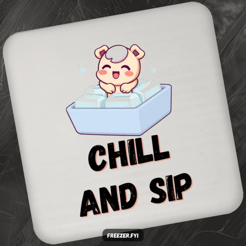 Funny drink coaster set featuring a bubbly character playfully emerging from an ice cube tray, adding humorous flair.