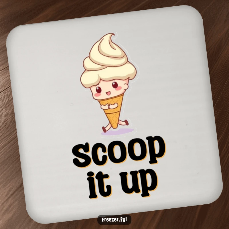 Funny coaster depicting a character playfully pushing a huge ice cream scoop, adding sweet humor to drink protection.