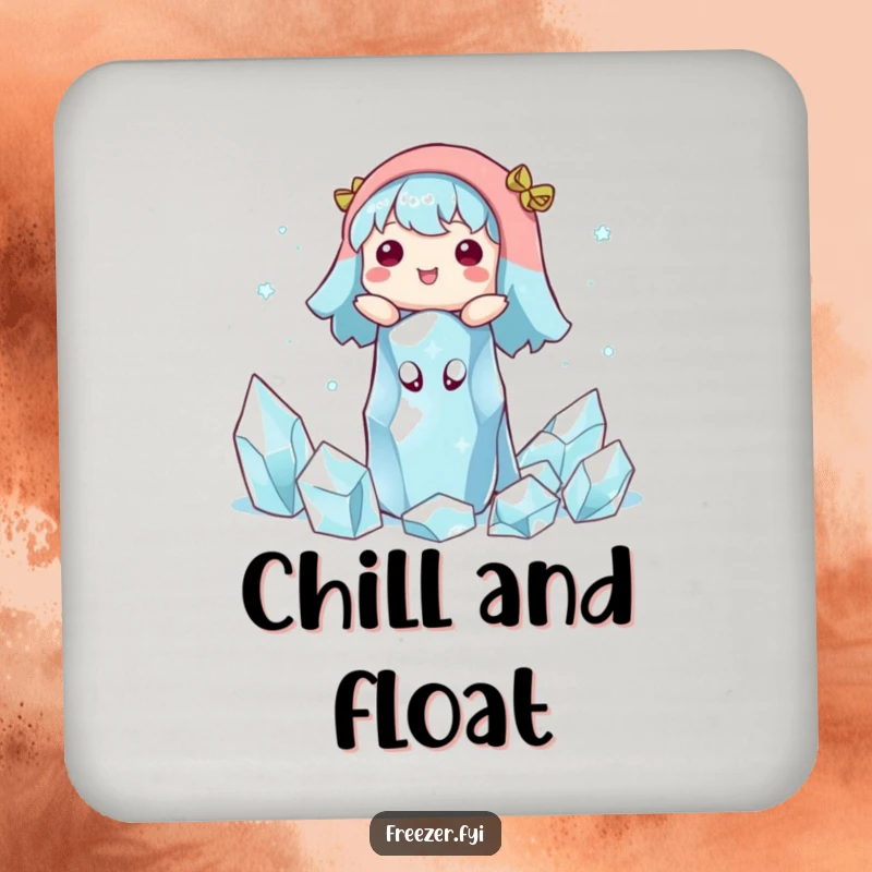 Funny drink coasters featuring a character happily floating amidst ice crystals. Humorous table protection for serene settings.