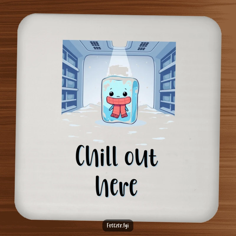 Funny drink coaster featuring a lonely ice cube with a scarf shivering dramatically in a vast freezer, a humorous coaster.