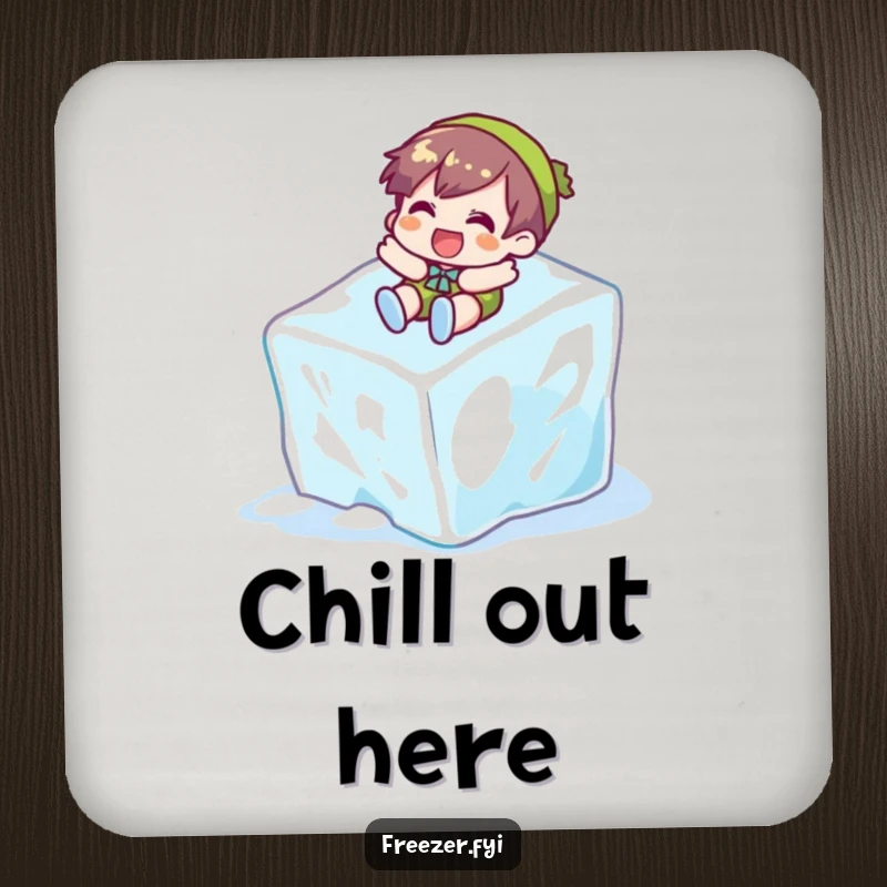 Funny coasters designed with a character gleefully sliding down a giant ice cube, adding a cool and humorous touch to drink protection.