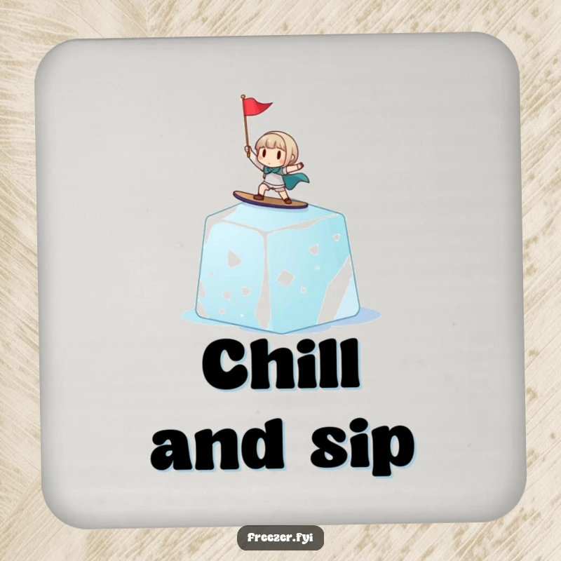 Funny drink coasters featuring a cheerful tiny character surfing a giant ice cube, holding a small flag, protecting surfaces with humorous arctic flair.