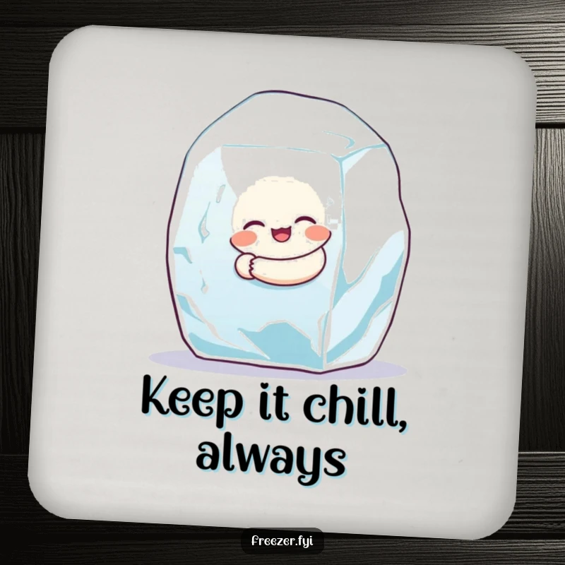 Funny drink coaster with a round character hugging an ice cube, protecting surfaces with cool humor.