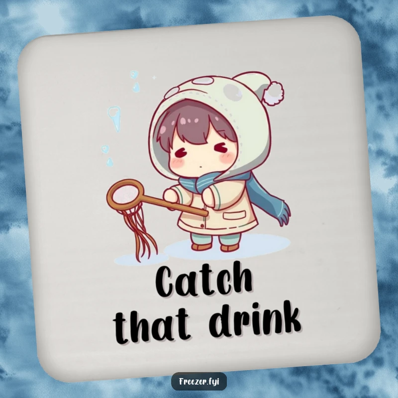 Funny drink coaster showing a character playfully trying to catch falling icicles with a small net, protecting surfaces with winter humor.