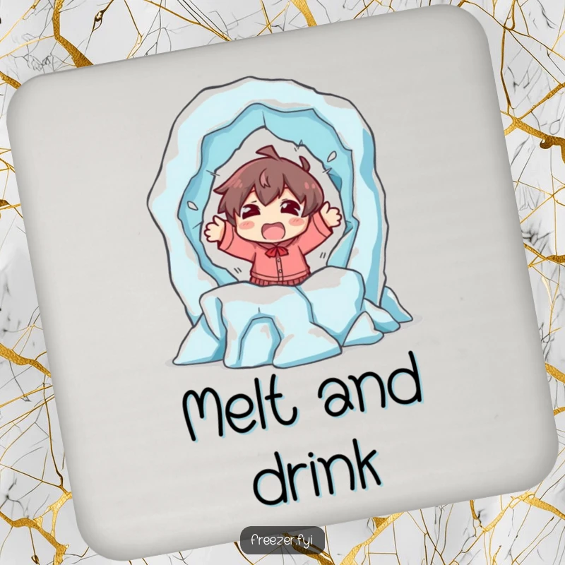 Funny coaster depicting a shocked character dramatically escaping a melting ice sculpture, providing humorous protection for tables and surfaces.