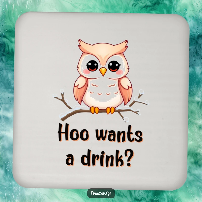 Funny owl coaster featuring a charming owl smiling on a snowy branch, protecting surfaces with cute winter humor.