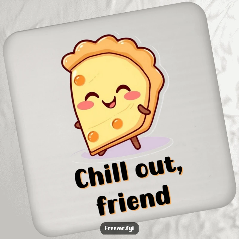 Funny pie slice drink coasters with a happy character smiling warmly from a cold surface, a humorous and protective table accessory gift.