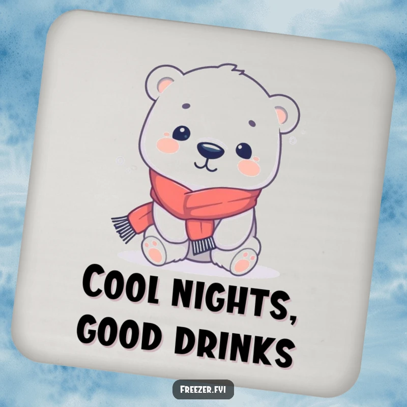 Funny polar bear coasters featuring a kawaii character in a tiny scarf, playfully shivering, protecting surfaces with cute charm.