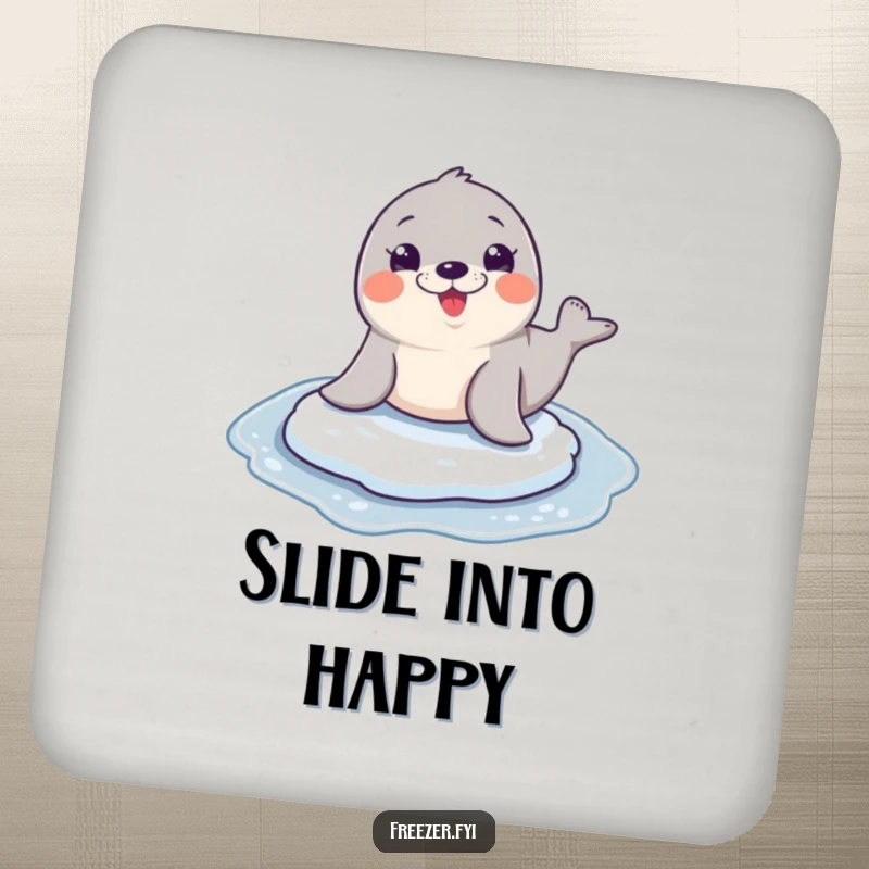 Funny seal character performing a joyful slide, wide grin, designed onto a protective and humorous drink coaster.