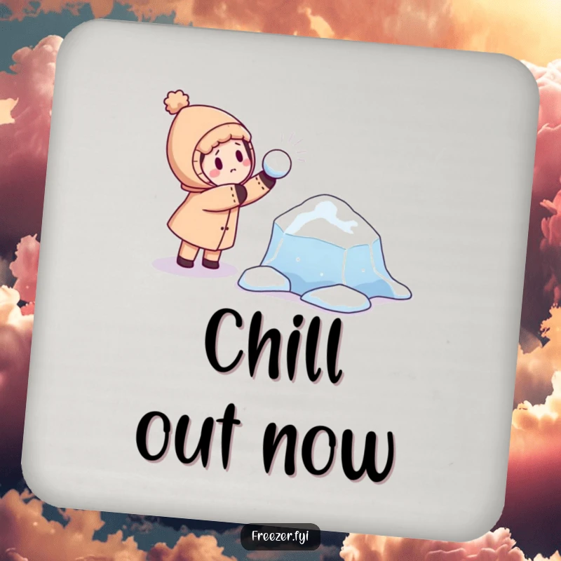 Funny drink coaster featuring a character playfully throwing a snowball at a curious, floating ice floe, protecting surfaces with humor.