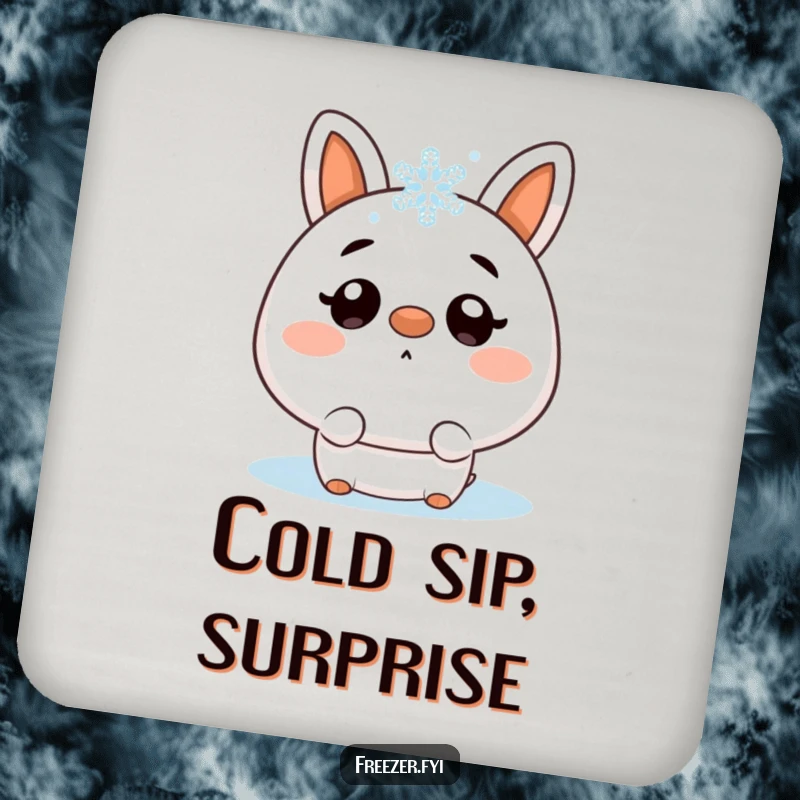 Funny coaster depicting a character looking surprised by a snowflake on its nose, adding winter humor to drink protection.