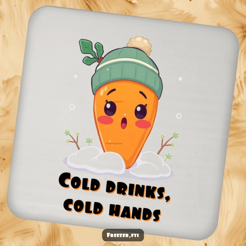 Funny surprised carrot coaster with a carrot wearing a tiny winter hat, shivering in snow, wintry housewarming gift.