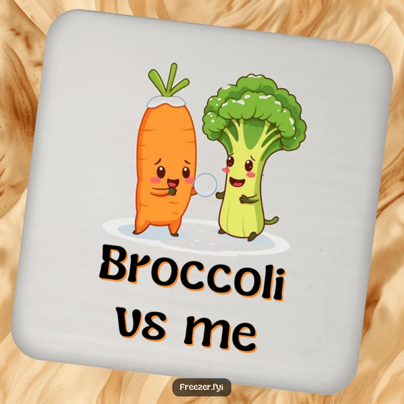 Funny drink coaster with a cheerful carrot in a snowball fight with a bewildered broccoli floret, humorous coaster.