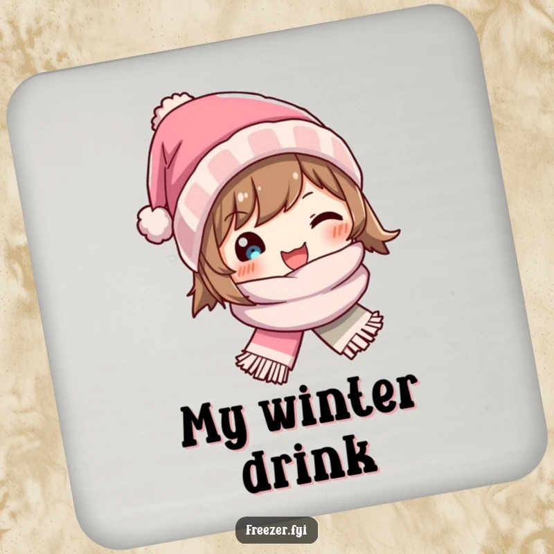 Funny drink coaster featuring a character joyfully wearing a tiny winter hat and scarf, protecting surfaces with cozy charm.