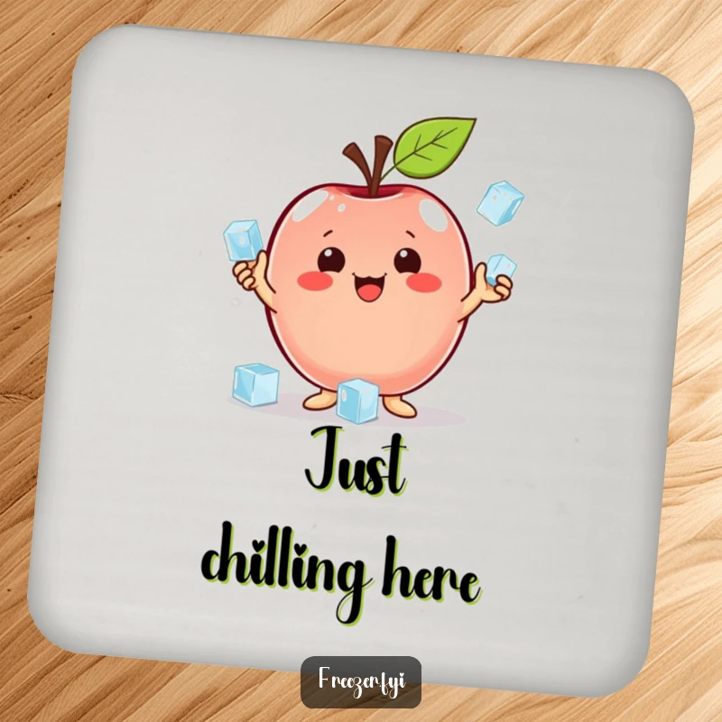 Funny drink coasters with a proud apple character juggling ice cubes, adding humor and surface protection.