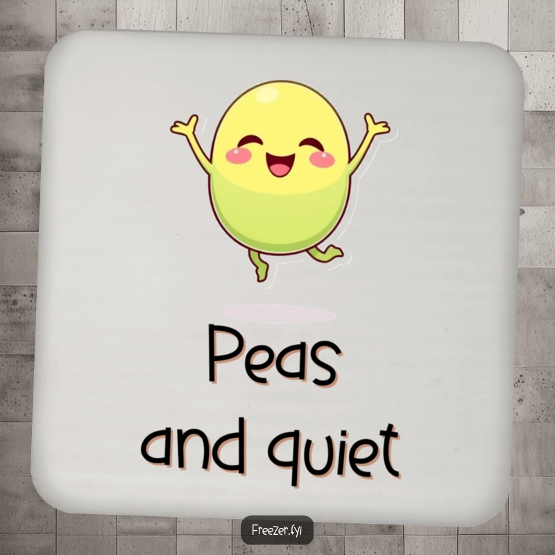 Funny pea pod drink coaster with a cheerful character doing a silly jump, ideal for protecting furniture.