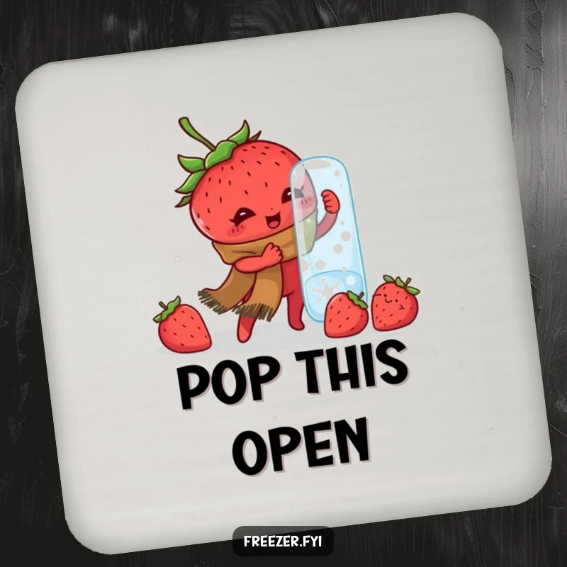 Funny coaster with a determined strawberry wearing a scarf, hilariously trying to open a frozen jar, adding winter humor to drink service.