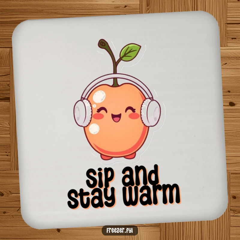Funny drink coaster featuring a tiny cherry character wearing miniature earmuffs, looking pleased, adding a humorous and protective element.