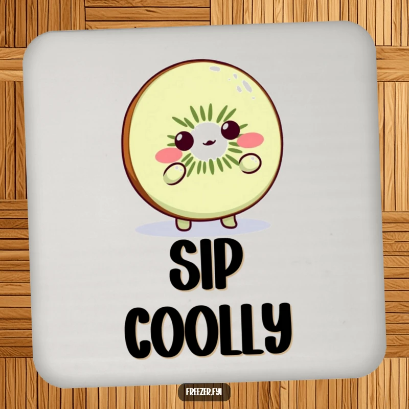 Funny Kiwi Slice Coasters: Cute fruit character shrugging playfully, protecting surfaces with cold weather humor.