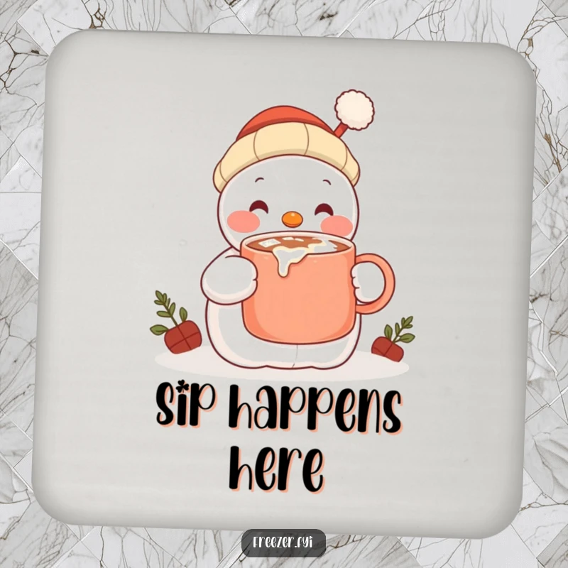 Funny drink coaster featuring a content snowman character happily sipping hot cocoa from a large mug, offering protection with cozy humor.
