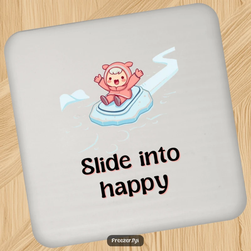 Funny drink coasters featuring a character gleefully sliding on ice with arms wide. Humorous table protection for winter gatherings.
