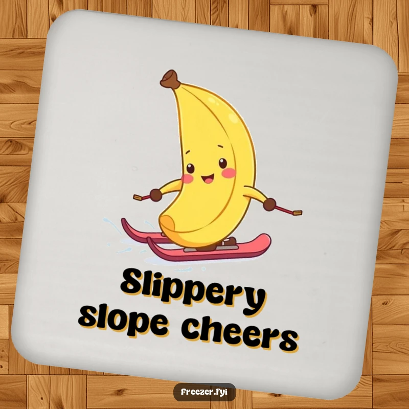 Funny coaster with a giggling banana peel on skis, hilariously speeding down a snowy slope, adding winter sports humor to drink service.