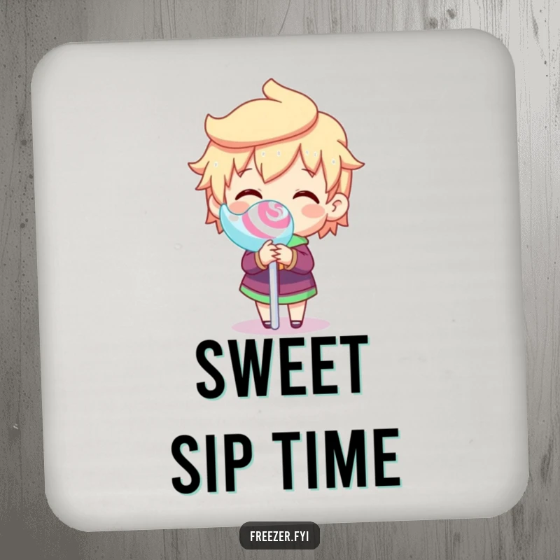 Funny drink coaster with a character joyfully spinning a frozen lollipop stick, adding a humorous and sweet touch to table settings.