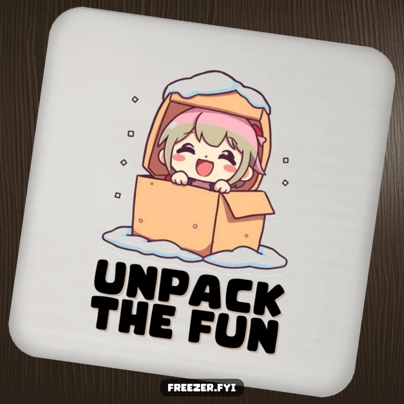 Funny drink coasters featuring a character popping out of a frozen box with a delighted expression. Humorous table protection for festive settings.