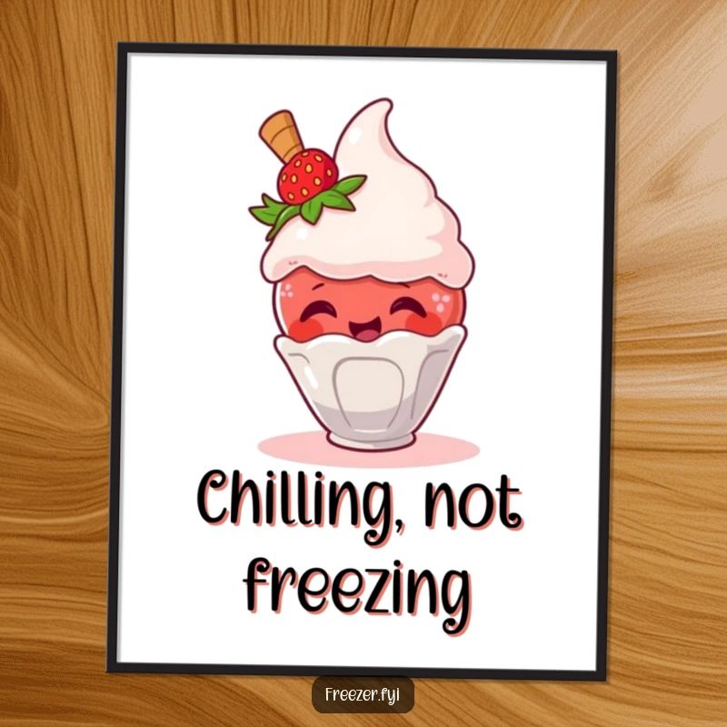 Funny poster depicting a giggling strawberry character escaping a frosty ice cream scoop, adding playful art to walls.