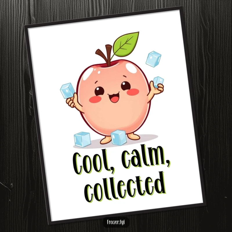Funny poster featuring a proud apple character juggling ice cubes, adding cool talent and humor to wall art.