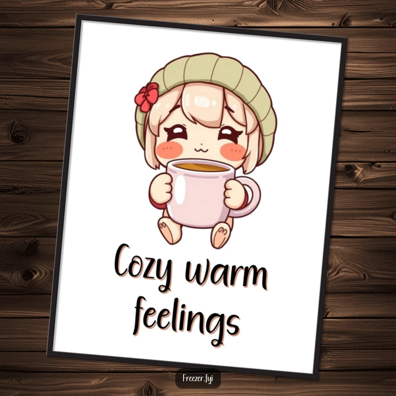 Funny poster of a rosy-cheeked character happily holding a warm mug, radiating cozy comfort and cheerful vibes.
