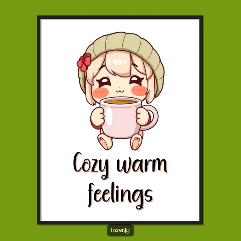 Happy Warm Mug Poster: Charming Rosy Character Comfort Art Print