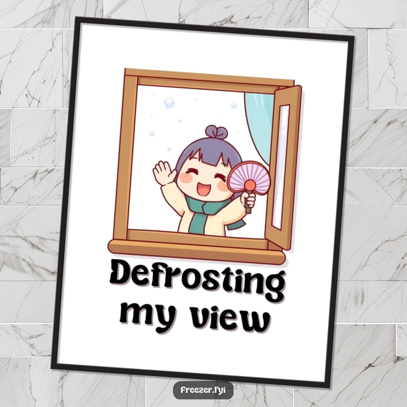 Funny poster of a character enthusiastically using a small fan on a frosty window. Humorous wall art for winter lovers.