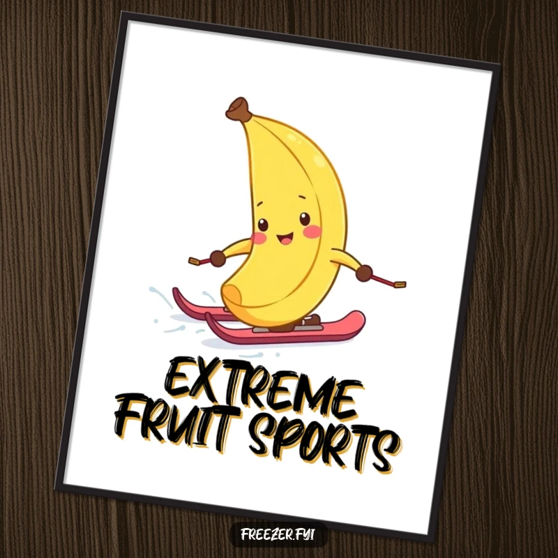 Funny poster illustrating a banana peel on skis, joyfully zipping down a frosty slope, bringing dynamic winter sports humor to your wall.