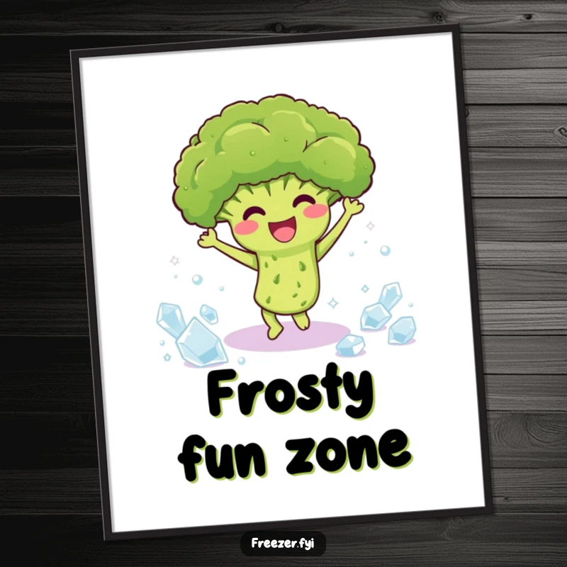 Funny poster featuring a delighted broccoli character dancing happily amongst ice crystals, a cheerful and humorous wall art.