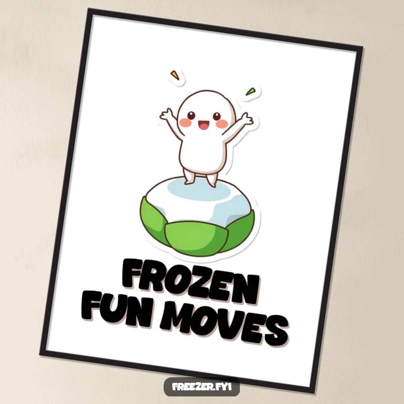 Funny poster displaying a character gleefully dancing on a frozen pea, a vibrant piece of humorous wall art.
