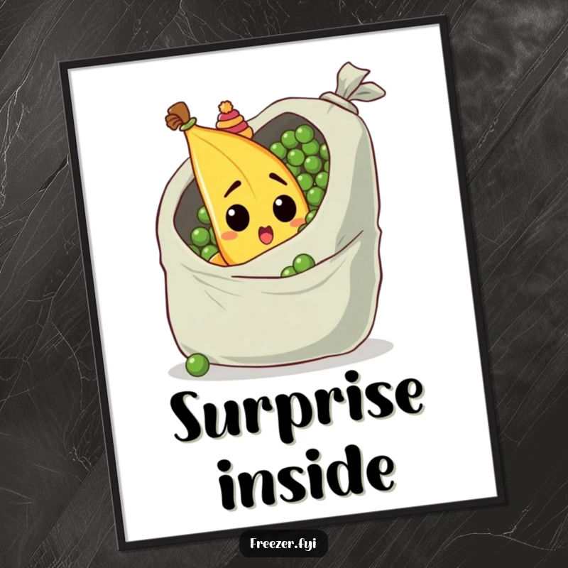 Funny poster depicting a surprised banana wearing a tiny hat, peeking from behind a giant bag of peas, whimsical wall art.